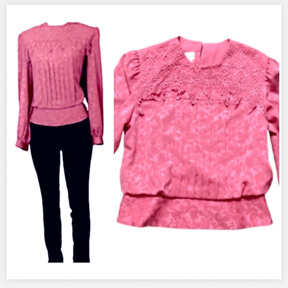 Vintage Top In The Mood Pink Lace and Paisley Print  Long-sleeve  Blouse